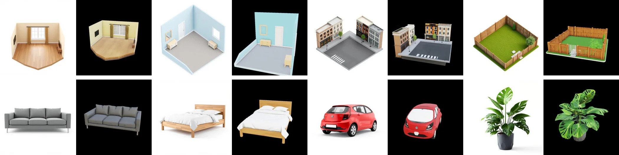 Image prompts and the 3D assets generated from them: empty environments above, objects below
