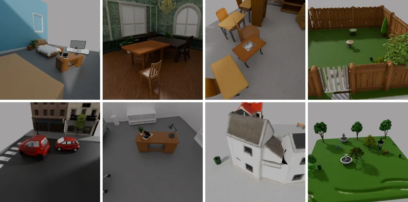 A grid of synthetic training rooms that the pipeline composed automatically