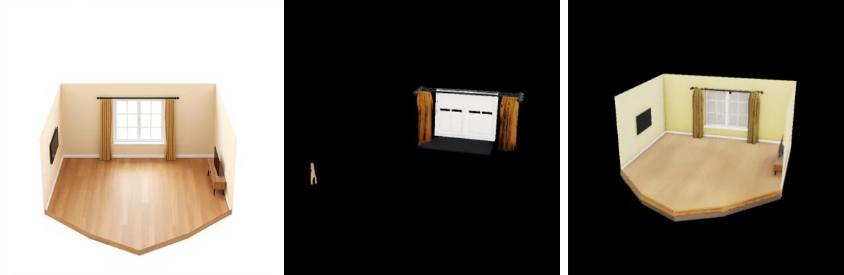 A generated empty room, the same room after default matting, and after colour matting
