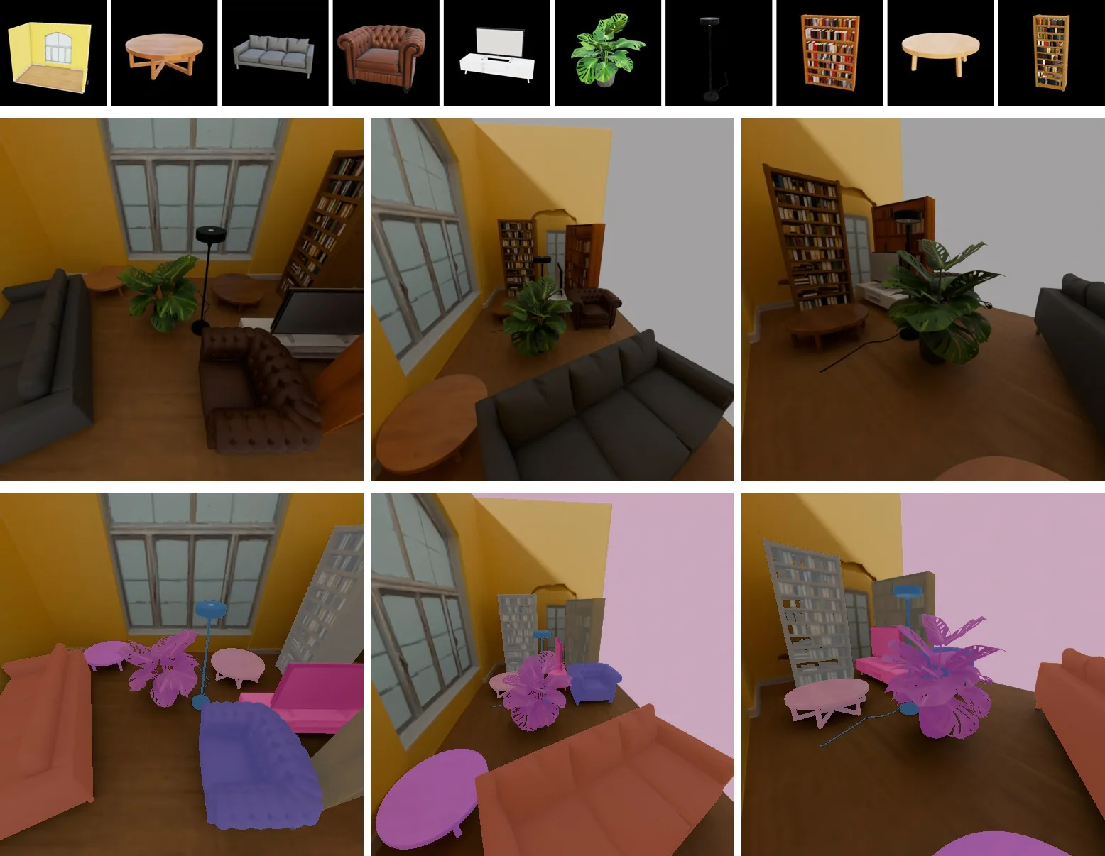 Separate parts, the composed room from three viewpoints, and one colour per component