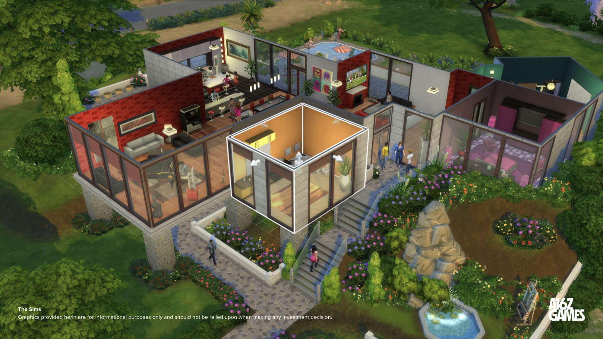 The Sims — a player-built home rendered as a cutaway doll house, the canonical personalization sandbox a16z cites